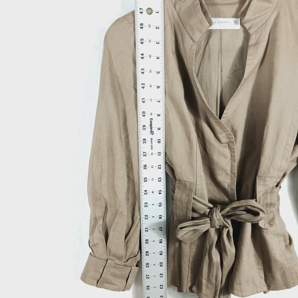 Zara Woman Tan/Brown Linen Jacket Pleated Back, Tie Waist Sz MED Earthy Neutral - Picture 13 of 16